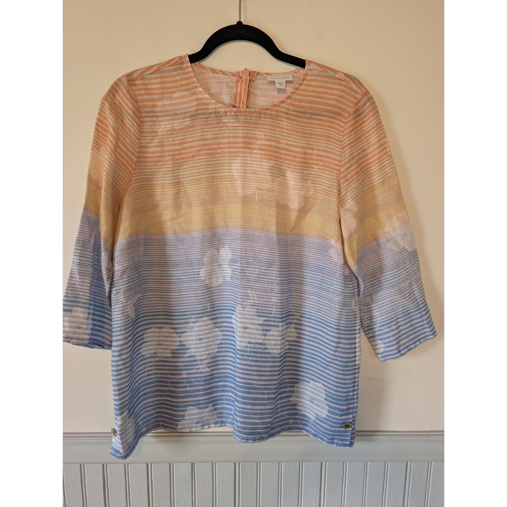 J Jill Striped Floral Linen Top Size Small Pastel Beach Coastal Grandmillennial
